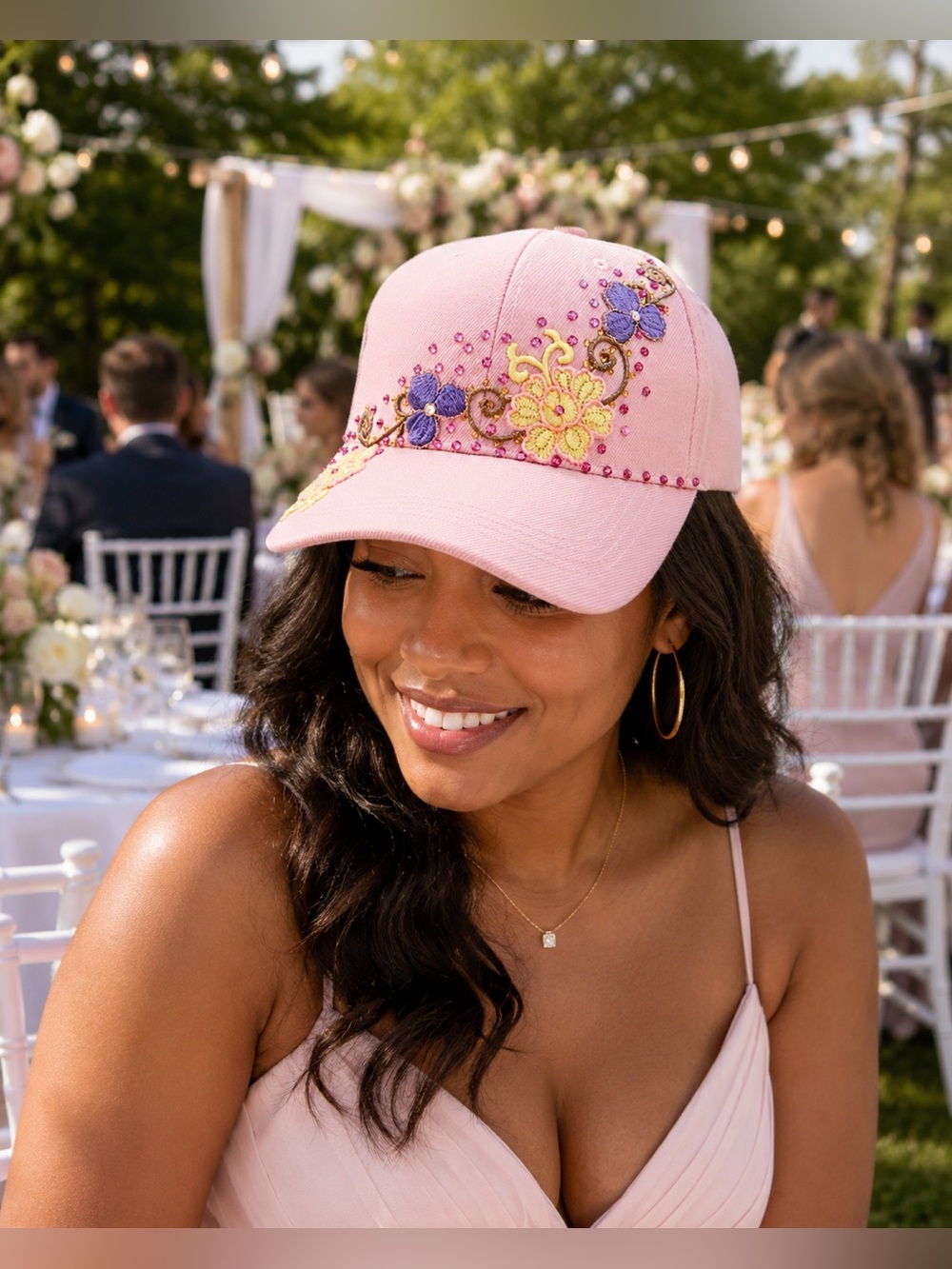 Handcrafted Rhinestone Bling Floral accent Streetwear HipHop Style Pink Cap Hat